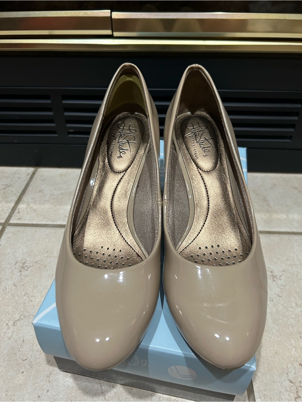 Life Stride Taupe Patent Round-Toe Pumps
